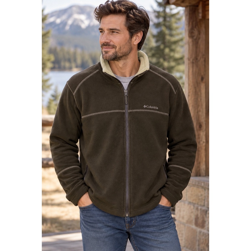 Columbia Men's Large Brown Fleece Jacket Sherpa Lined Collar Full Zip Outdoor
